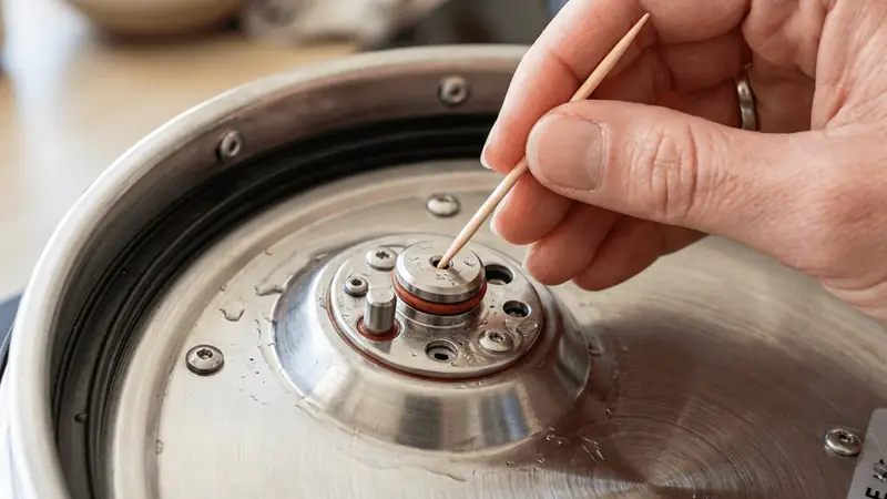 Limpando o orifício da válvula de pressão com um palito de dente